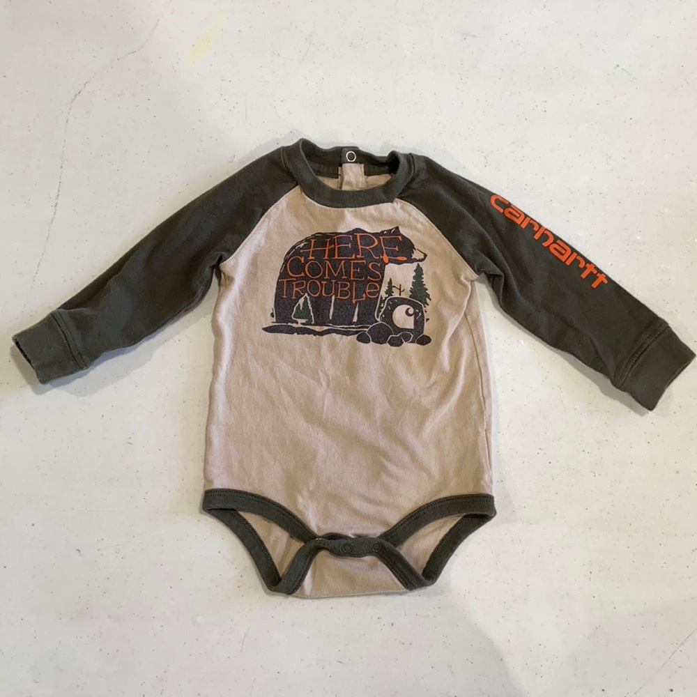 Baby Carhartt cream/green long sleeve onesie 9M